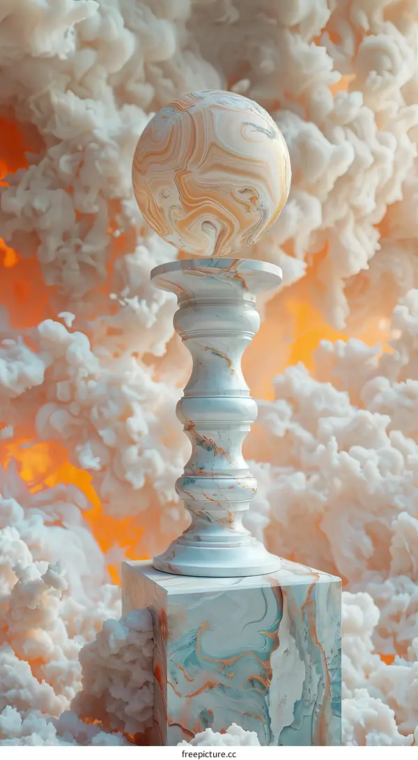 3D rendering of a marble pedestal with a sphere on top of it. The pedestal is sitting on a marble cube. The background is filled with orange and white clouds.