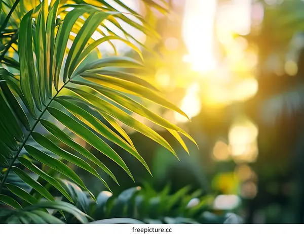 Close Up of Green Palm Leaves and Sunlight