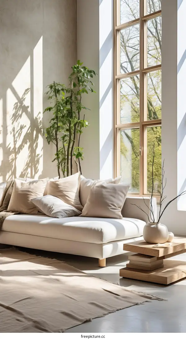 A bright living room with a large window, a sofa, and a tree