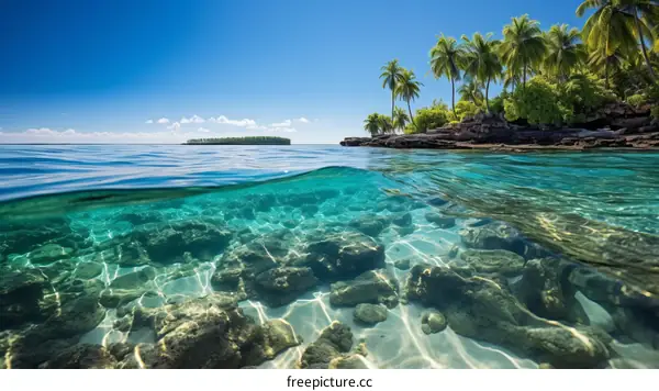 Half Underwater Shot of Tropical Beach with Rocky Coast and Palm Trees