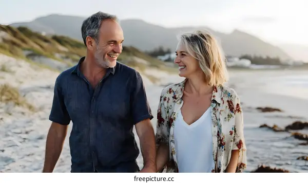 Happy Couple Walking on the Beach Together