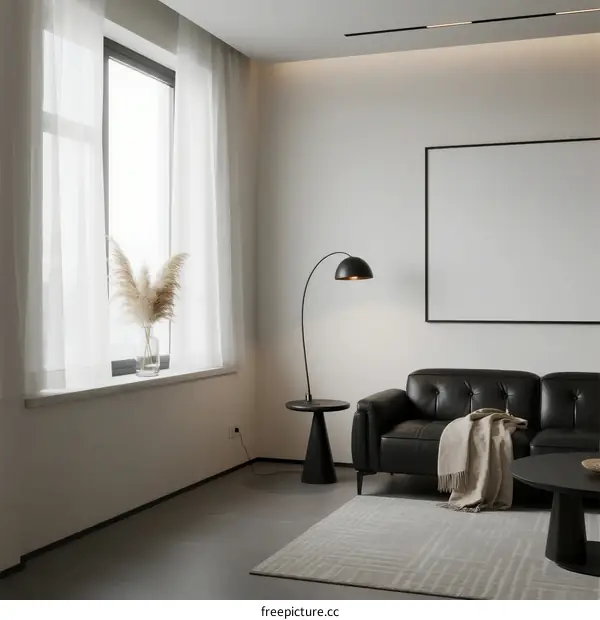 Minimalist Living Room Interior with Black Leather Sofa and Large Window