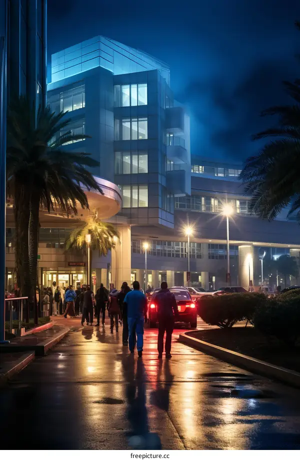 People walking towards a hospital entrance at night