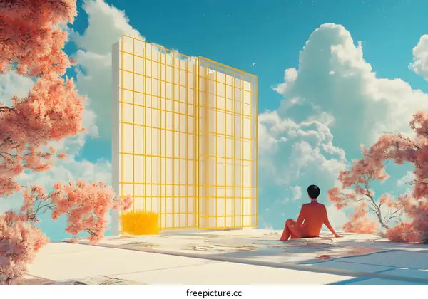 Surreal Minimalist Artwork Featuring a Person Sitting on a Platform with a Large Abstract Structure in the Background