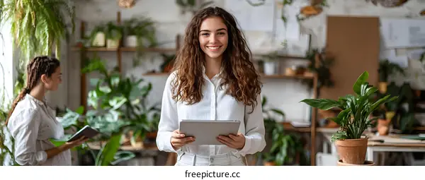 Smiling Woman Holding a Tablet and Looking at the Camera in a Greenhouse Setting
