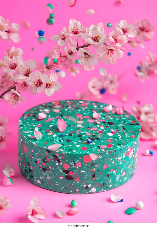Pink Background with Green Terrazzo Cylinder and Cherry Blossoms
