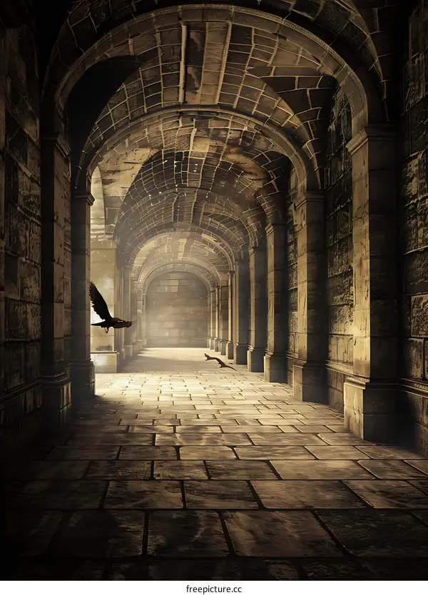 Dark  Stone  Arched  Hallway  With  Flying  Birds