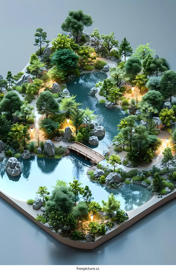 A photo of a beautiful garden with a pond, bridge, and trees.