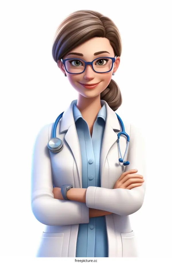 A female doctor with brown hair and blue eyes wearing a white coat and stethoscope