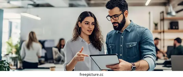 Two Business People Talking About Digital Tablet In Modern Office