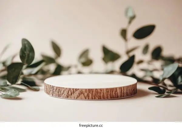 Wooden Display Stand with Greenery Background
