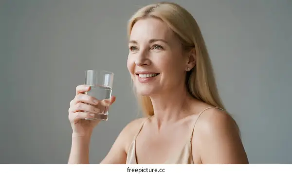 Mature Woman Holding Glass of Water for Hydration