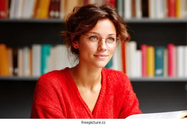 Young Woman Reading in a Library Setting