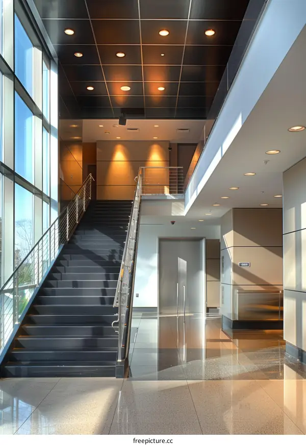 Office interior with staircase and glass windows
