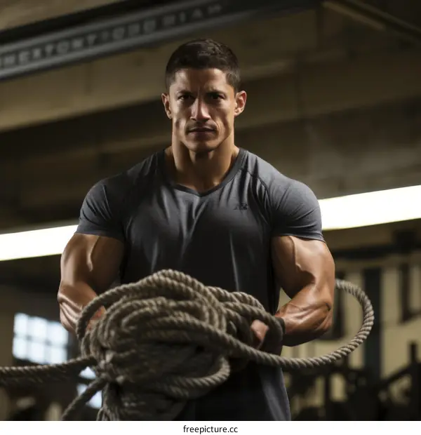 muscular man holding rope in gym