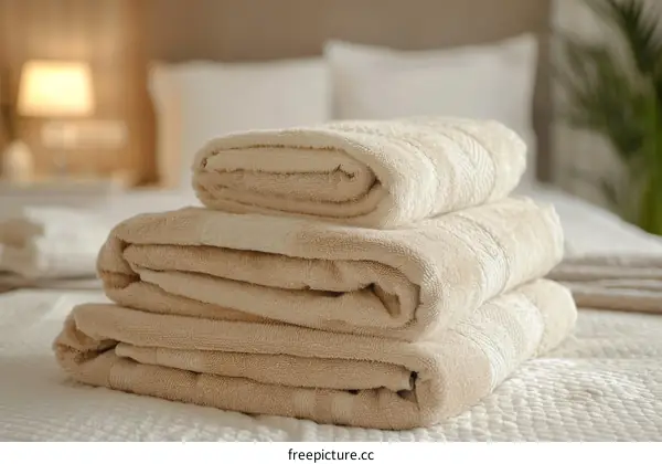 Three folded beige towels on a white background