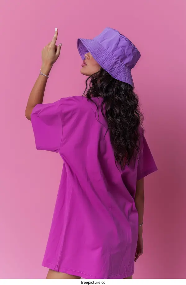 A woman wearing a purple bucket hat and a purple oversized t-shirt