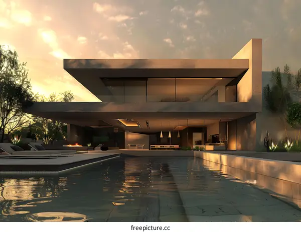 Modern Minimalist Architecture House Design with Swimming Pool and Sunset Sky