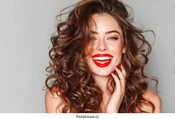 Beautiful Woman with Curly Hair and Red Lipstick
