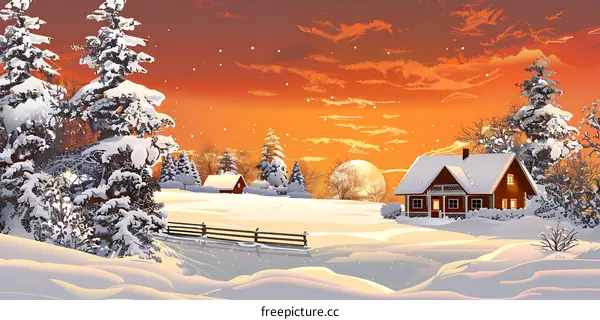 Winter Wonderland Illustration with Snow Covered Trees and a Cozy Cabin