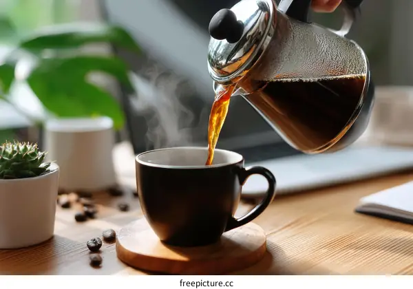 Pouring Coffee into a Cup on Wooden Table