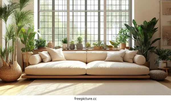 Modern Beige Sofa with Plants in a Bright Room