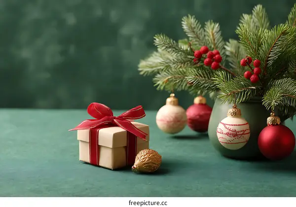 Christmas Gift Decoration on Green Background