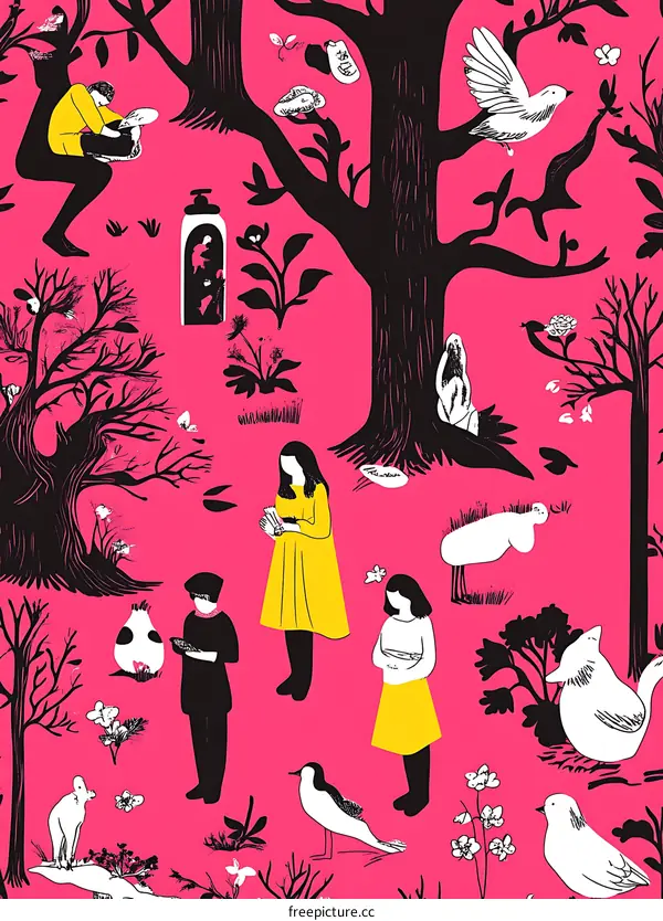Illustrated People in Nature with Pink Background