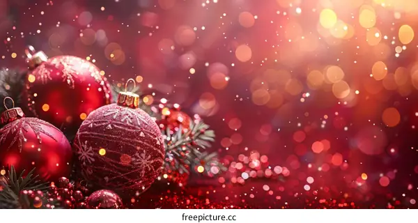 Red and gold Christmas ornaments with blurred lights in the background
