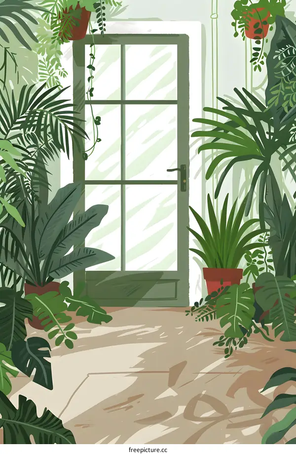 Green Plants and Doorway Illustration