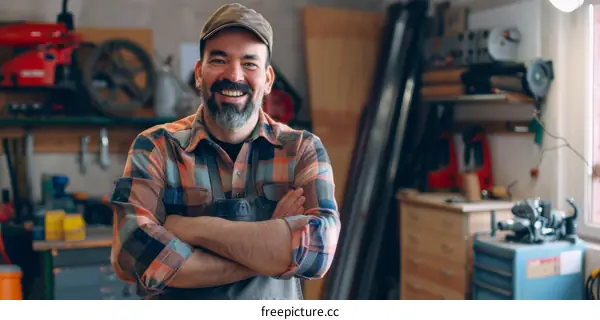 Portrait of a smiling carpenter in his workshop
