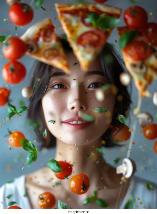 A young woman covered in pizza toppings and ingredients.