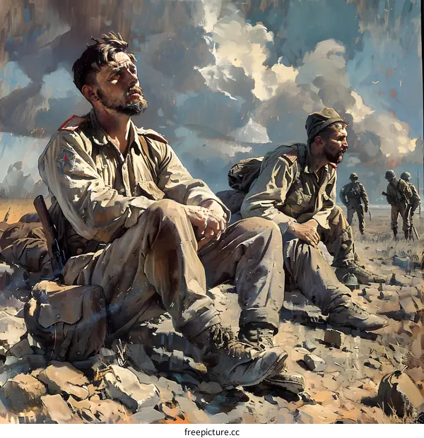 Two soldiers are sitting on the rocky ground with guns in a war field with a cloudy sky