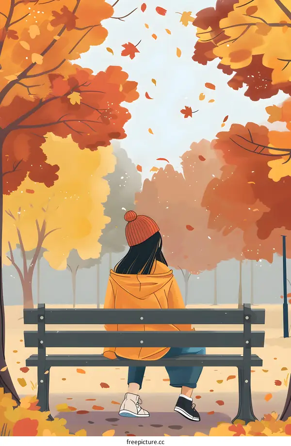 Girl Sitting on a Bench in Autumn Park
