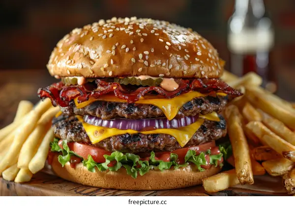 A delicious double cheeseburger with bacon and fries