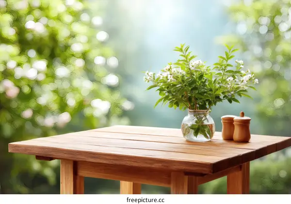 Wooden Table with Flowers in a Vase