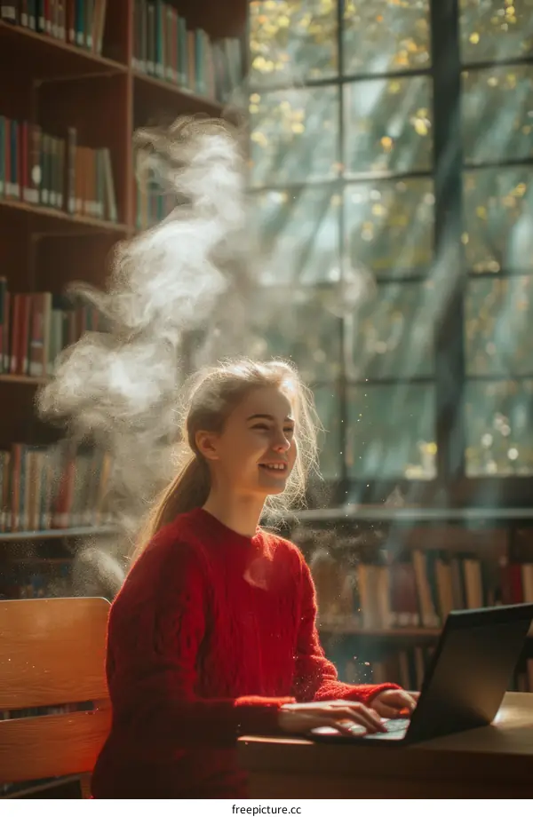 Girl in red sweater using laptop in library with sunlight and dust