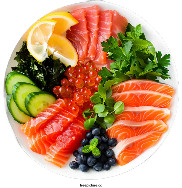 [Transparent Background PNG]Fresh Salmon Sashimi with Lemon, Cucumber, and Berries
