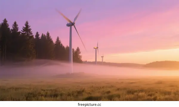 Wind Turbines in Field with Morning Mist at Sunrise
