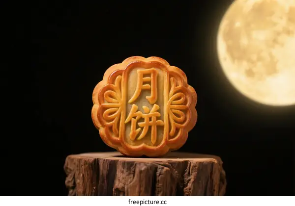 Mooncake with full moon in the background traditional Chinese festival food