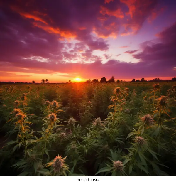 Field of mature cannabis plants under setting sun