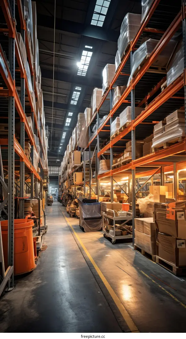 Warehouse with tall shelves full of neatly arranged boxes