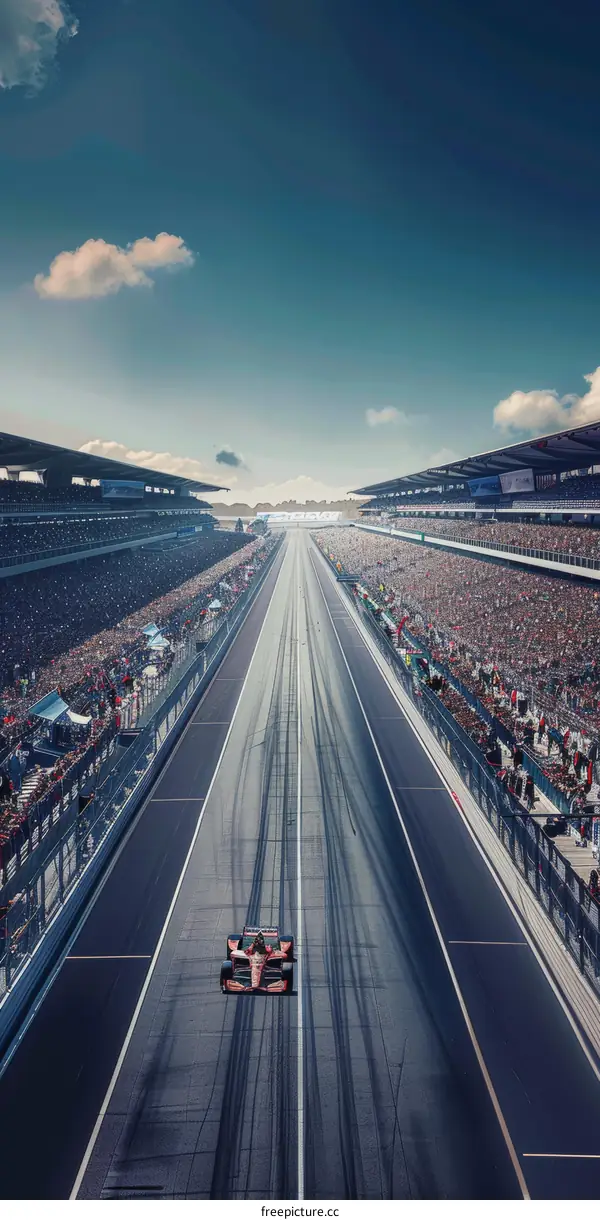 Formula One race car on a track with a crowd of spectators cheering