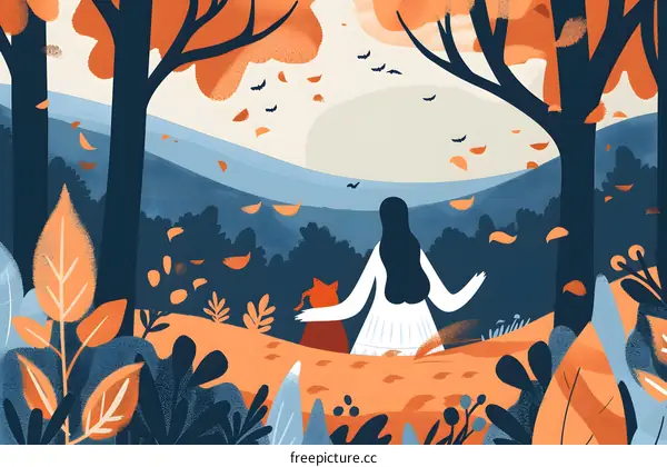 Autumn Forest Illustration With Two Women