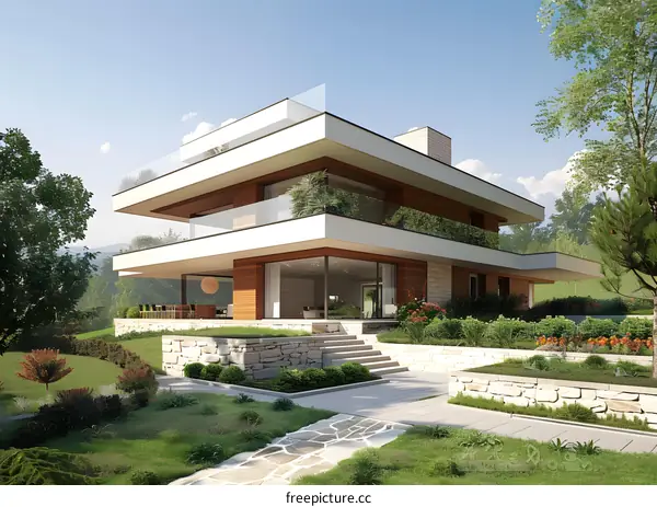 Modern House With Large Windows And Green Landscaping