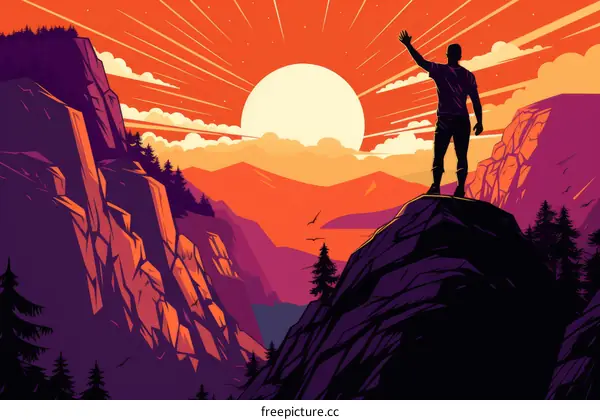A Man Standing on a Mountaintop with a Sunset View