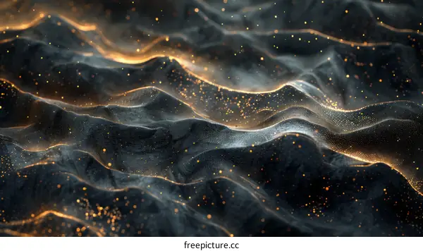 Black and gold 3D rendering of a wavy surface with glowing particles