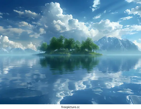 Small island in the middle of a lake surrounded by snow-capped mountains