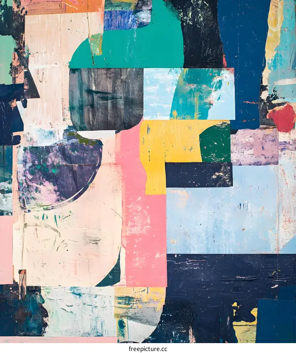 Abstract Collage Art Painting  With Green Yellow Pink Blue