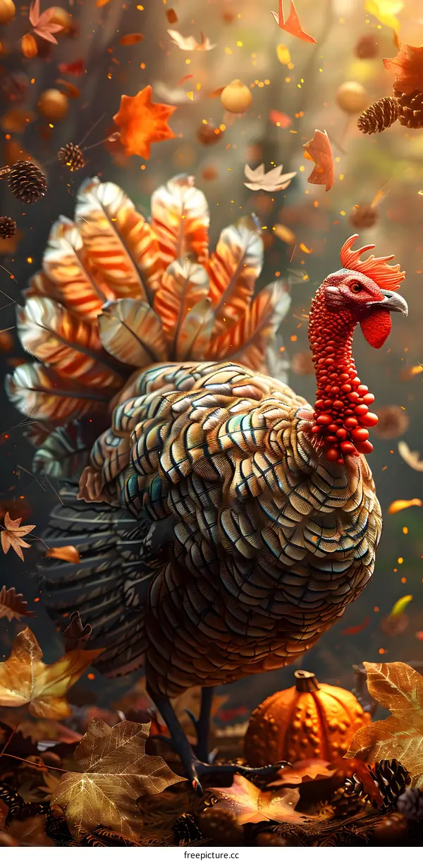 A majestic turkey stands in a field of fallen leaves.